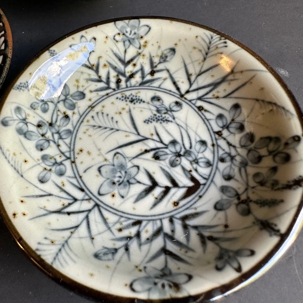 World Market Appetizer Bowls Japan Blue Cream Stoneware Floral Fish Set of 4 4